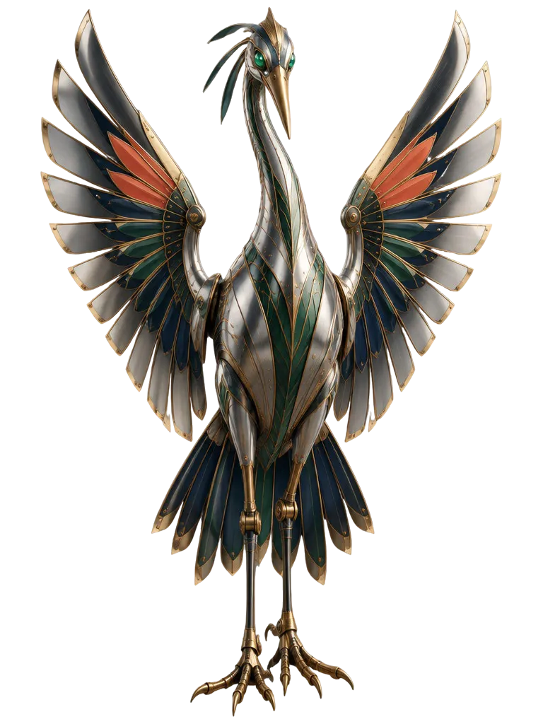 the Chrome Heron, bangau mekanis krom dengan sayap bilah kipas, naik dari poros lift